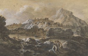 Mountainous River Landscape with Bathers by Francesco Zuccarelli Oil Painting