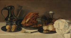 Still Life With A Pewter Jug, A Ham On A Pewter Plate, Lemons, Bread, A Gilt Mounted Roemer And Other Objects On Table Covered In A White Cloth by Franchoys Elaut Oil Painting