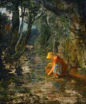 A Girl Collecting Berries By a Brook In a Wooded Landscape by Francis Danby Oil Painting