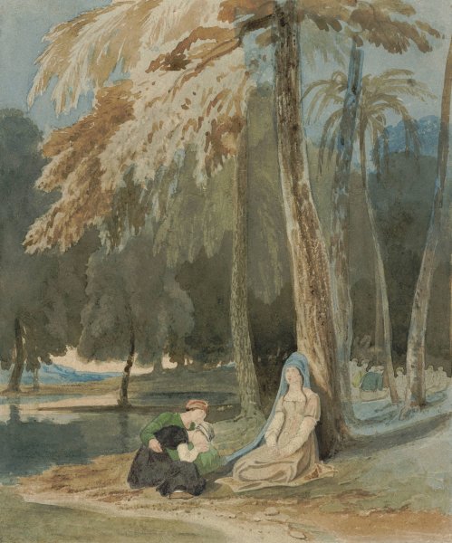 Three Women Seated by a Wooded Lake  by Francis Danby - Hand-Painted Oil Painting Reproduction