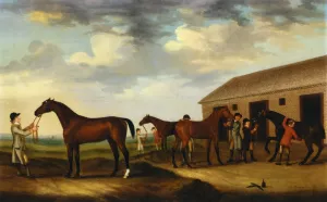 Four Racehorses outside the Rubbing Down House, Newmarket by Francis Sartorius - Oil Painting Reproduction
