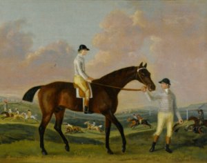 Portrait of Henry Comptons Race Horse Cottager Held by a Groom with Jockey and a Race Beyond