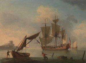 An English Sloop Becalmed near the Shore by Francis Swaine Oil Painting