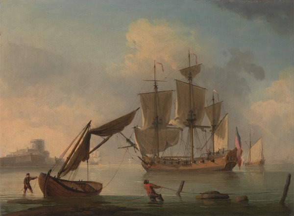 An English Sloop Becalmed near the Shore by Francis Swaine - Hand-Painted Oil Painting Reproduction