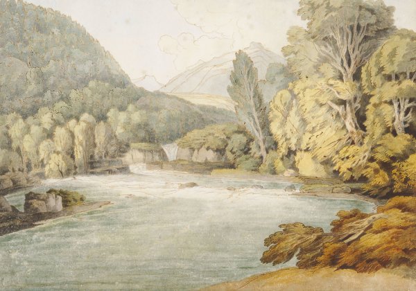 Main Product Photo of River Scene With Mountains, probably Lake District  Painting by Francis Towne