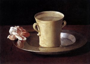 Cup of Water and a Rose on a Silver Plate