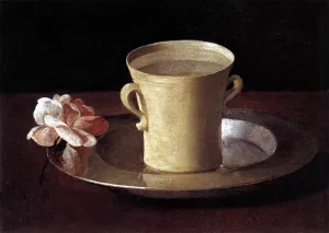 Cup of Water and a Rose on a Silver Plate by Francisco De Zurbaran - Oil Painting Reproduction