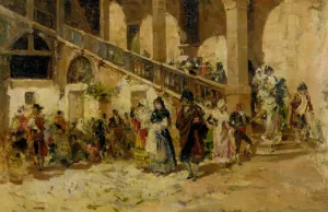 Elegant Figures Decending a Staircase by Francisco Domingo Marques Oil Painting