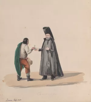 A canon handing a crucifix to a man by Francisco Fierro Oil Painting