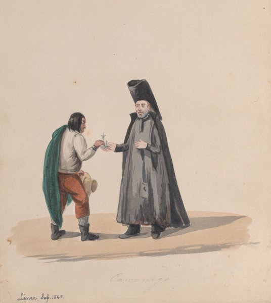 A canon handing a crucifix to a man  by Francisco Fierro - Hand-Painted Oil Painting Reproduction
