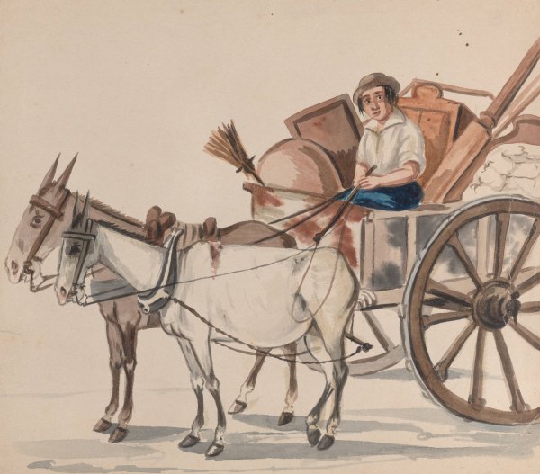 A man driving a cart pulled by mules  by Francisco Fierro - Hand-Painted Oil Painting Reproduction