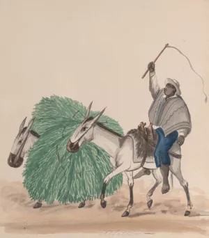 A man riding a mule, his whip raised, another mule loaded with grass alongside by Francisco Fierro Oil Painting