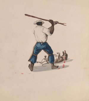 A man viewed from behind beating a dog with a stick by Francisco Fierro Oil Painting