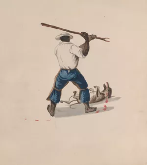 A man viewed from behind beating a dog with a stick by Francisco Fierro A man viewed from behind beating a dog with a stick by Francisco Fierro Oil Painting