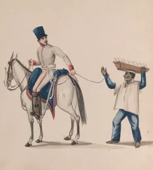 A soldier on horseback holding a rope that secures an enslaved indigenous man who is balancing a basket on his head by Francisco Fierro Oil Painting