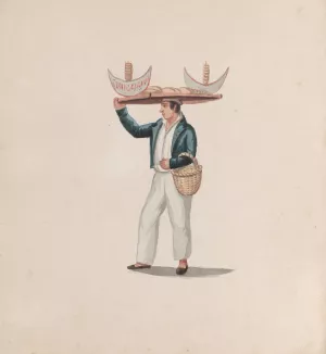 A tortilla vendor balancing a tray on his head by Francisco Fierro A tortilla vendor balancing a tray on his head by Francisco Fierro Oil Painting