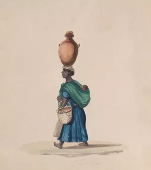 A woman carrying a vessel on her head and a child on her back by Francisco Fierro Oil Painting