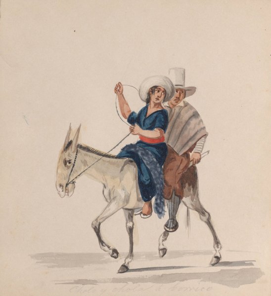 An indigenous man and woman together riding a donkey  by Francisco Fierro - Hand-Painted Oil Painting Reproduction