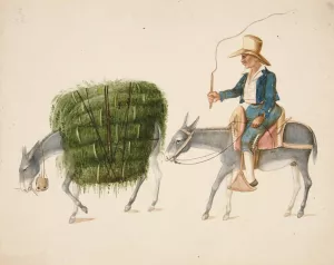 Boy on Mule driving another Mule loaded with Hay by Francisco Fierro Oil Painting