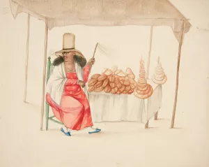 Indian Woman Smoking Cigar in Front of Breadstand by Francisco Fierro Oil Painting