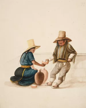 Woman Selling Beverage to Indian Man by Francisco Fierro Woman Selling Beverage to Indian Man by Francisco Fierro Oil Painting