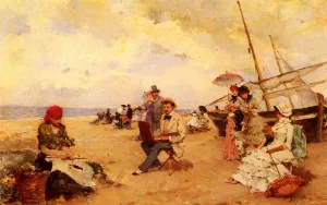 The Artist Sketching on a Beach by Francisco Miralles - Oil Painting Reproduction