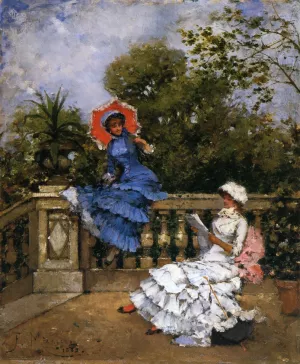 Two Ladies Conversing on a Terrace by Francisco Miralles - Oil Painting Reproduction