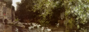 Patos en un Estanque by Francisco Pradilla Ortiz Oil Painting