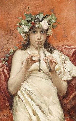 Boy playing the flute by Francisco Pradilla Oil Painting