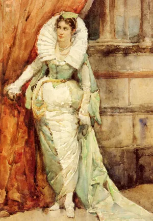 An Elegant Lady In Court Costume, With A Ruff, Full-Length painting by Francisco Pradilla y Ortiz