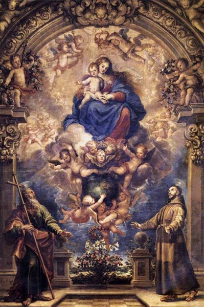 Main Product Photo of Virgin and Child with Sts Philip and Francis Painting by Francisco Rizi