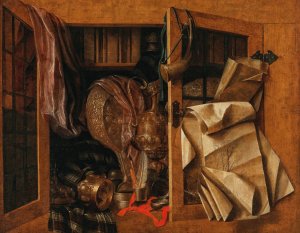 A trompe-l'oeil still life of a cupboard with books, gilded vessels, a hunting horn and drawings by Franciscus Gijsbrechts Oil Painting