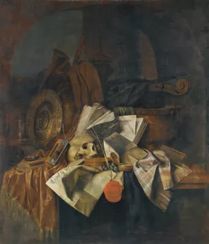 A Vanitas Still Life With A Skull, A Shield, An Hour Glass, Books And Papers On A Tabletop by Franciscus Gijsbrechts Oil Painting