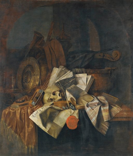 Main Product Photo of A Vanitas Still Life With A Skull, A Shield, An Hour Glass, Books And Papers On A Tabletop Painting by Franciscus Gijsbrechts