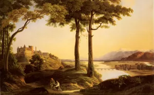 Figures in an Extensive River Landscape with a Castle Beyond Oil painting by Francisque Schaeffer-Berger