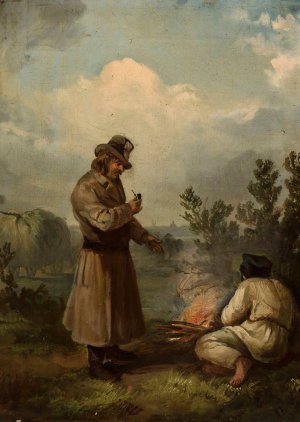 At bonfire by Franciszek Kostrzewski Oil Painting