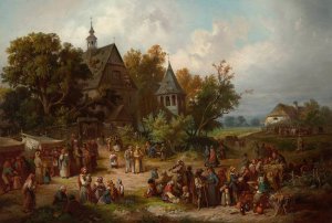 Church fair in the countryside by Franciszek Kostrzewski Oil Painting