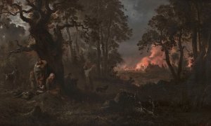 Fire in the village by Franciszek Kostrzewski Oil Painting