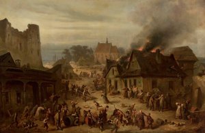 Town on fire by Franciszek Kostrzewski Oil Painting