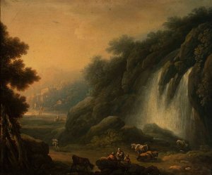 Mountain landscape with a waterfall and staffage by Franciszek Ksawery Lampi Oil Painting
