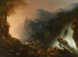 Mountain landscape with a waterfall by Franciszek Ksawery Lampi Oil Painting