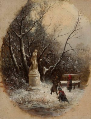 In the Saxon Garden - children at a statue by Franciszek Wastkowski Oil Painting