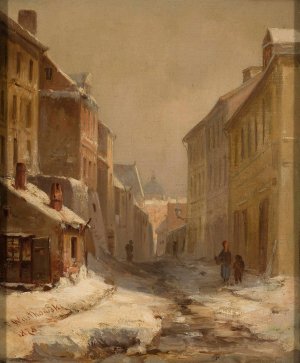 Old Warsaw in winter - Brzozowa Street by Franciszek Wastkowski Oil Painting