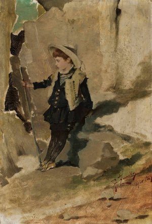 Ojcow - Boy against the rocks by Franciszek Zmurko Oil Painting