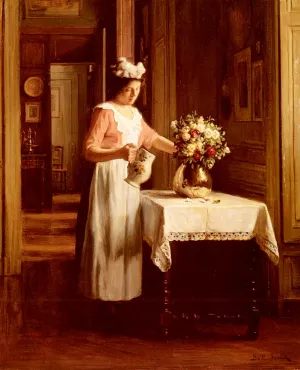 A Maid Watering Flowers by Franck Antoine Bail - Oil Painting Reproduction