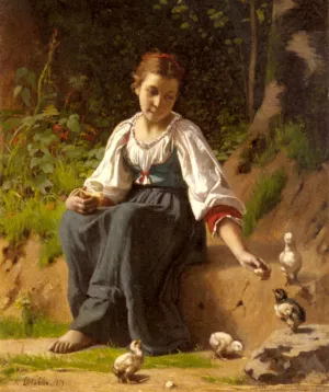 A Young Girl Feeding Baby Chicks by Francois Alfred Delobbe Oil Painting