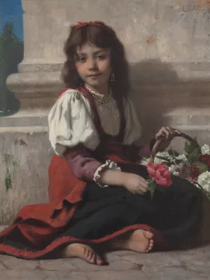 The little flower girl by Francois Alfred Delobbe Oil Painting