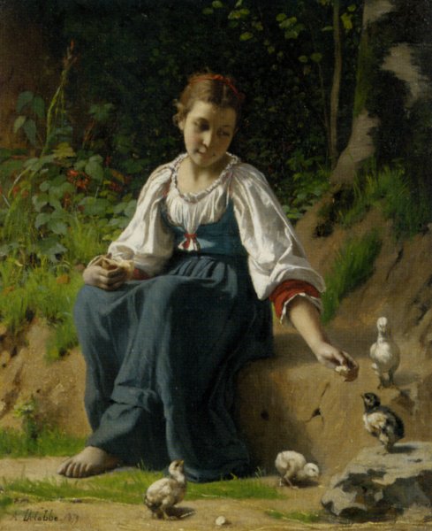 Young Girl Feeding the Baby Chicks by Francois Alfred Delobbe - Hand-Painted Oil Painting Reproduction