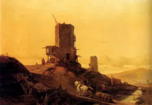 A Hill With An Arab Windmill Under Construction, A Town In The Distance by Francois Antoine Bossuet - Oil Painting Reproduction