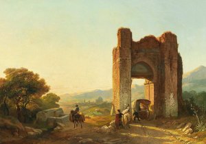 A romantic landscape with Mauritanian ruins and figures by Francois Antoine Bossuet Oil Painting